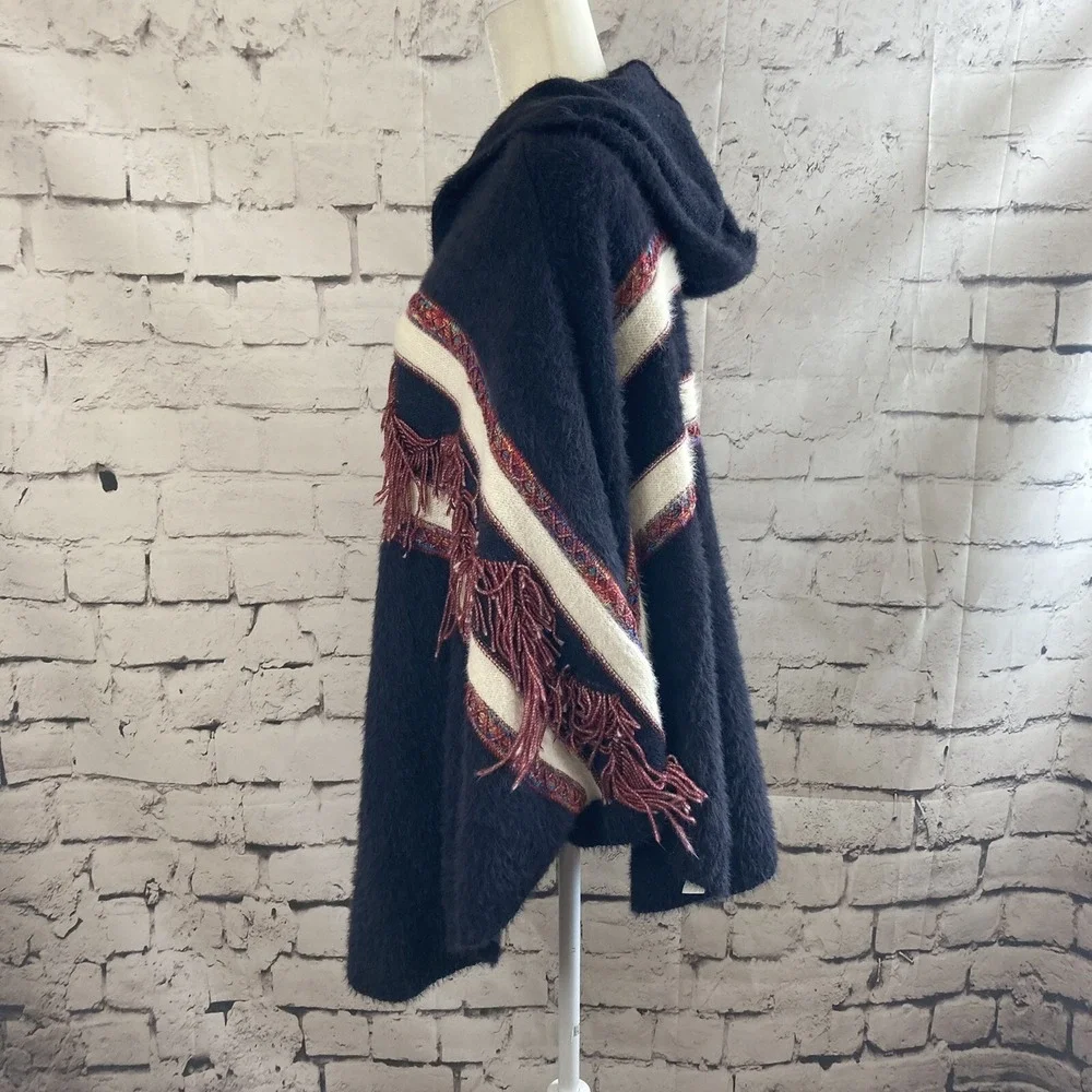 Boho Hooded Poncho Sweater Womens One Size Aztec Festival Shawl Fringe Francesca